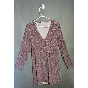 Pull&Bear Dress Women M Burgundy Floral Print Long Sleeve  V-Neck Boho Casual